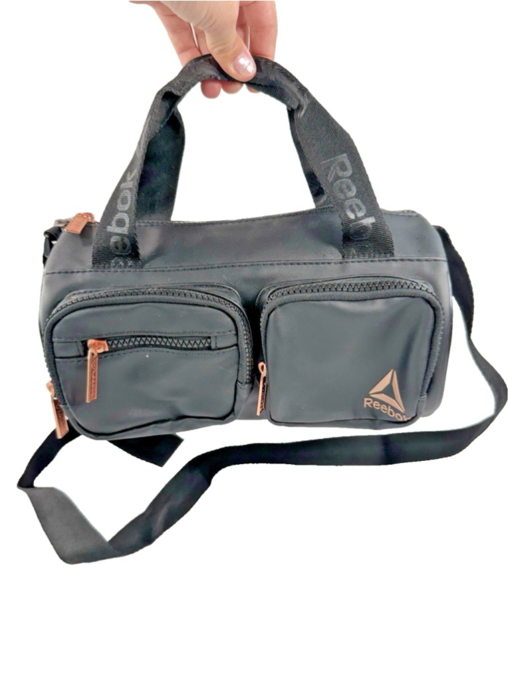 Reebok Black 10" Faux Leather Duffle Bag Women Adjustable Strap Gym Travel